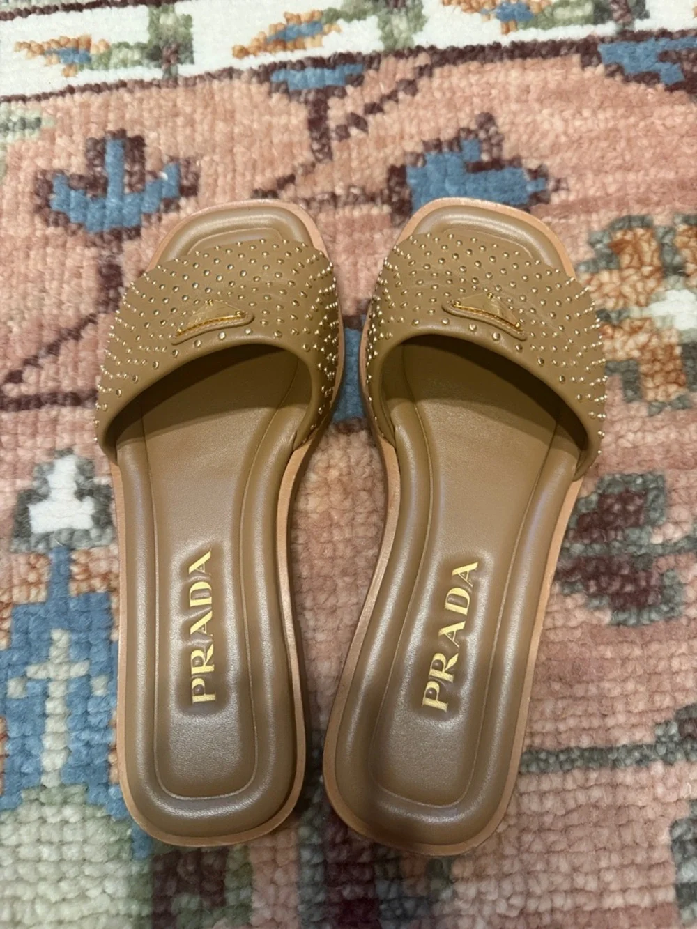 Prada Tan Studded Slide Mules with Gold Logo - Picture 2 of 4